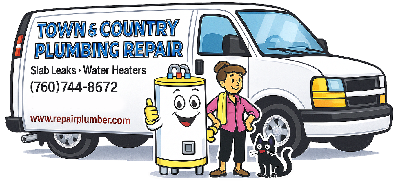 Cartoon illustration of the Town and Country Repair plumbing van with a happy water heater, cat and housewife smiling facing forward